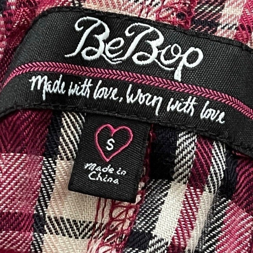 BeBop Juniors Plaid Overall Romper Shorts Sz S Magenta Black Adjustable Strap - Picture 3 of 8